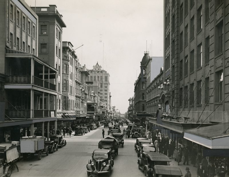 SRSA GRG35/58/7/208 Rundle Street looking west towards King William Street. Note the tram in the background, 1930s.