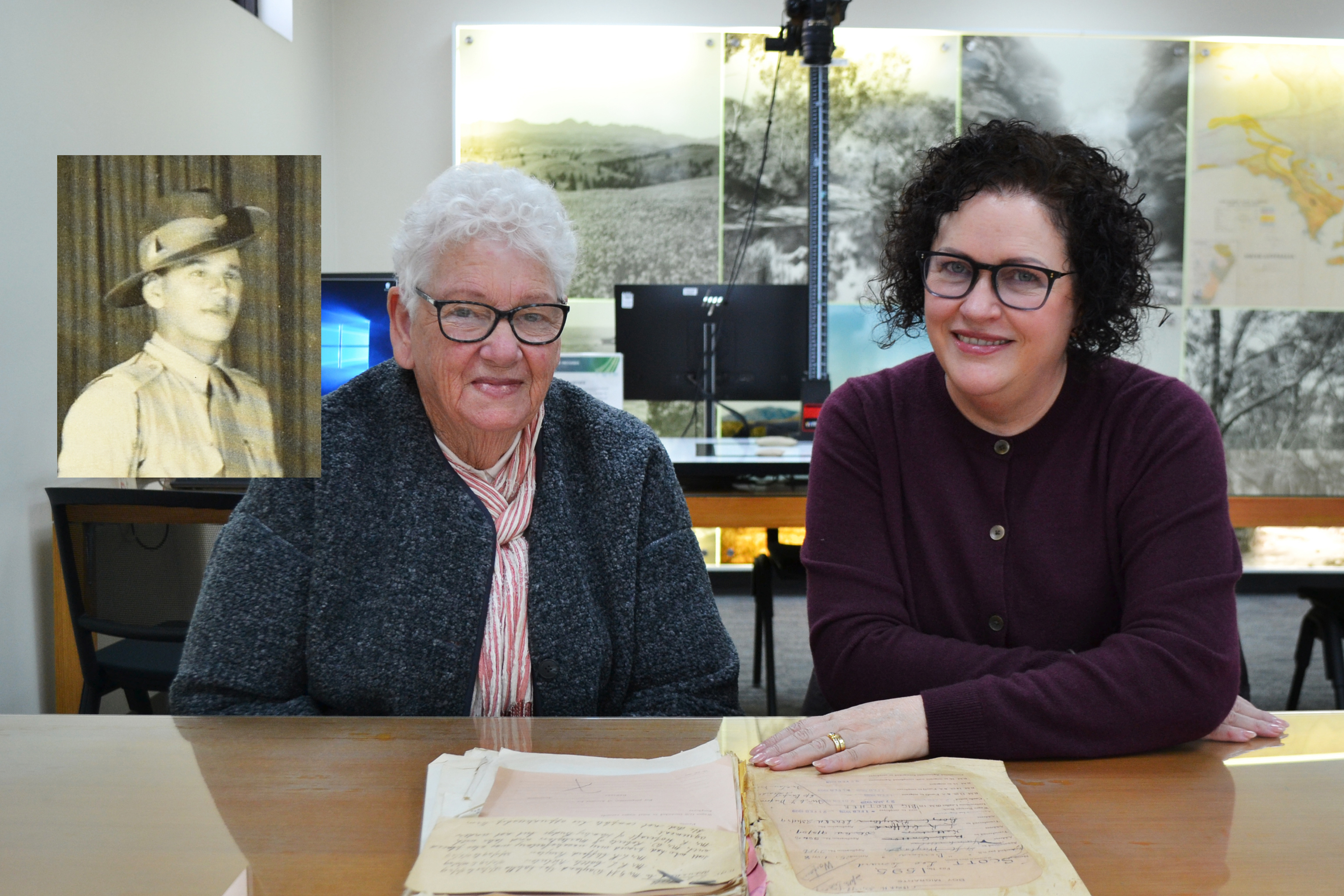 Natalie and Joanne read Leo Leonard Scott&rsquo;s letters from his time as a &lsquo;Little Brother&rsquo; in Australia&rsquo;s Big Brother scheme in South Australia. Inset, Leo during World War II. Pictures by SRSA, supplied